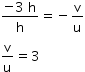 begin mathsize 14px style fraction numerator negative 3 space straight h over denominator straight h end fraction equals negative straight v over straight u
straight v over straight u equals 3 end style