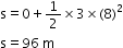 begin mathsize 12px style straight s equals 0 plus 1 half cross times 3 cross times left parenthesis 8 right parenthesis squared
straight s equals 96 space straight m end style