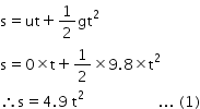 begin mathsize 14px style straight s equals ut plus 1 half gt squared
straight s equals 0 cross times straight t plus 1 half cross times 9.8 cross times straight t squared
therefore straight s equals 4.9 space straight t squared space space space space space space space space space space space space space space space space space... space left parenthesis 1 right parenthesis end style