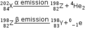 begin mathsize 12px style straight X presubscript 84 presuperscript 202 fraction numerator straight alpha space emission over denominator blank end fraction straight Z presubscript 82 presuperscript 198 plus to the power of 4 He subscript 2
straight Z presubscript 82 presuperscript 198 fraction numerator straight beta space emission over denominator blank end fraction straight Y presubscript 83 presuperscript 198 plus to the power of 0 subscript negative 1 end subscript straight e end style